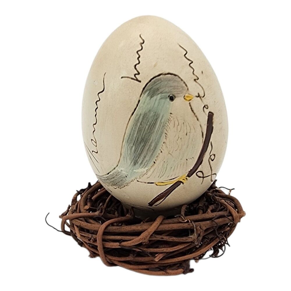 Hand-Painted Folk Art Bird Egg with Natural Twig Nest – OOAK Decorative Piece